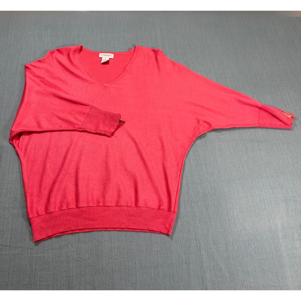 Carmen Marc Valvo Pink Dolman Sleeve V-Neck Zipper Cuff Sweater Womens Medium
